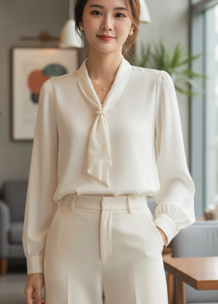 Áo Sơ Mi Lụa Cà Vạt Ngọc Trai (Mã: 8061)