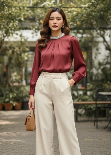 Áo Sơ Mi Lụa Cổ Trụ Viền Đá (Mã: 5867)