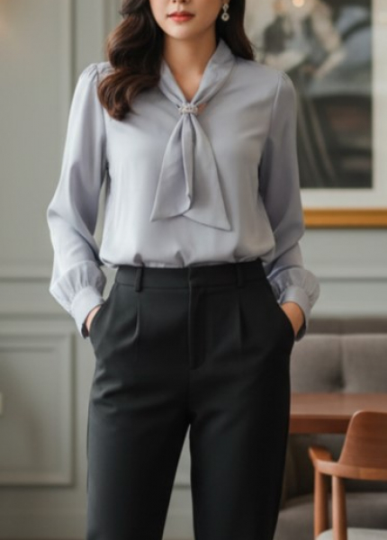 Áo Sơ Mi Lụa Cà Vạt Ngọc Trai (Mã: 8061)