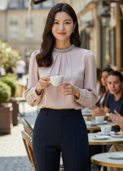 Áo Sơ Mi Lụa Cổ Trụ Viền Đá (Mã: 5867)