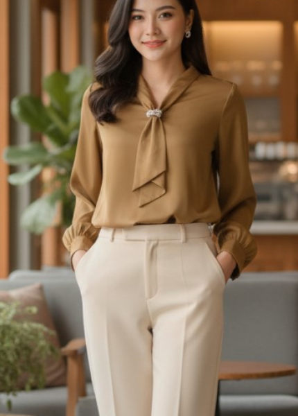 Áo Sơ Mi Lụa Cà Vạt Ngọc Trai (Mã: 8061)