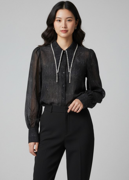 Áo Sơ Mi Voan Cổ Đính Đá (Mã: C467)