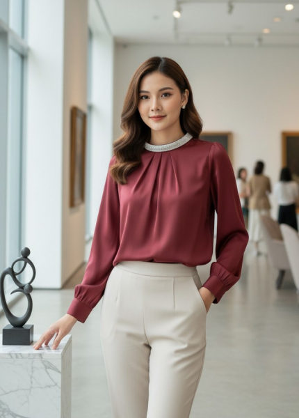 Áo Sơ Mi Lụa Cổ Trụ Viền Đá (Mã: 5867)