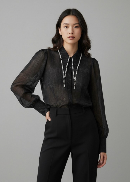 Áo Sơ Mi Voan Cổ Đính Đá (Mã: C467)