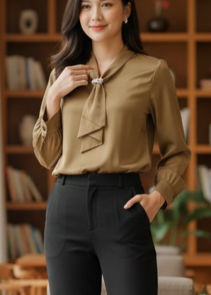Áo Sơ Mi Lụa Cà Vạt Ngọc Trai (Mã: 8061)
