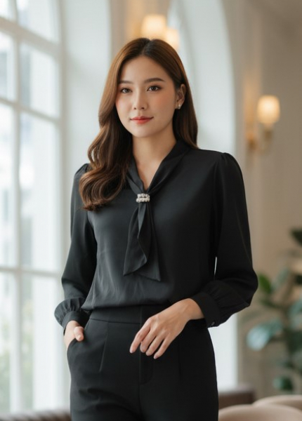 Áo Sơ Mi Lụa Cà Vạt Ngọc Trai (Mã: 8061)