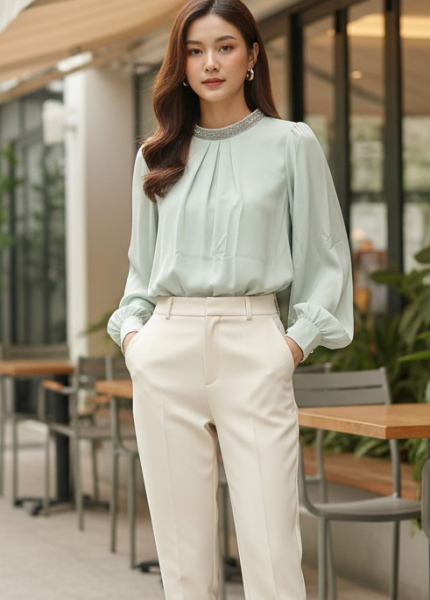 Áo Sơ Mi Lụa Cổ Trụ Viền Đá (Mã: 5867)