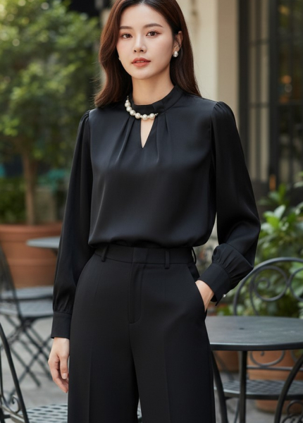 Áo Sơ Mi Lụa Cổ Trụ Viền Ngọc Trai (Mã: 527)