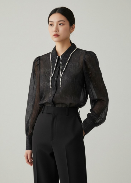 Áo Sơ Mi Voan Cổ Đính Đá (Mã: C467)