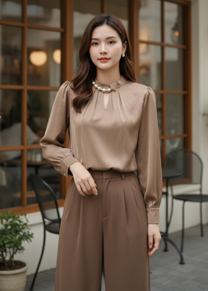 Áo Sơ Mi Lụa Cổ Trụ Viền Ngọc Trai (Mã: 527)